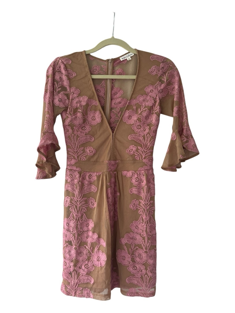 For Love & Lemons Embroidered Floral Mesh Mini Dress Pink Tan Size Small